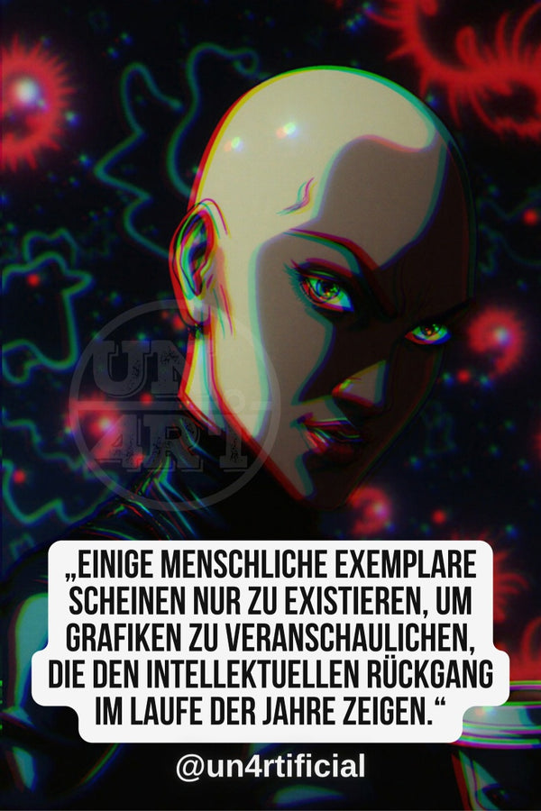 UN4RT smooth-skinned bald woman turning her face sideways with a subtle intense gaze, black background with glowing red organic shapes and neon teal outlines, UN4RT watermark logo visible, chromatic aberration effect, bold multi-line quote text in white rounded box at bottom, social media handle below, dark sci-fi editorial portrait, vertical format.