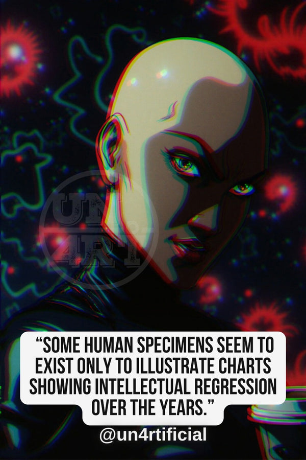 UN4RT smooth-skinned bald woman turning her face sideways with a subtle intense gaze, black background with glowing red organic shapes and neon teal outlines, UN4RT watermark logo visible, chromatic aberration effect, bold multi-line quote text in white rounded box at bottom, social media handle below, dark sci-fi editorial portrait, vertical format.
