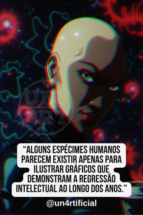 UN4RT smooth-skinned bald woman turning her face sideways with a subtle intense gaze, black background with glowing red organic shapes and neon teal outlines, UN4RT watermark logo visible, chromatic aberration effect, bold multi-line quote text in white rounded box at bottom, social media handle below, dark sci-fi editorial portrait, vertical format.