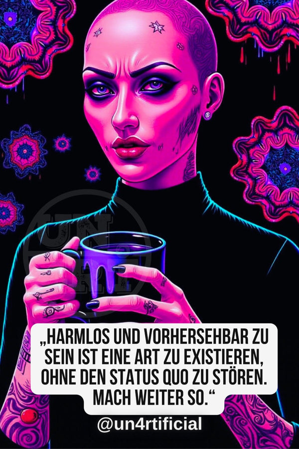UN4RT bald woman with star face tattoos and heavy eye makeup in black turtleneck holding a dripping purple mug, vivid neon pink skin tone, black background with glowing pink and purple mandala and organic drip shapes, bold multi-line quote text in white rounded box at bottom, social media handle below, neon dark fantasy editorial portrait, vertical format.