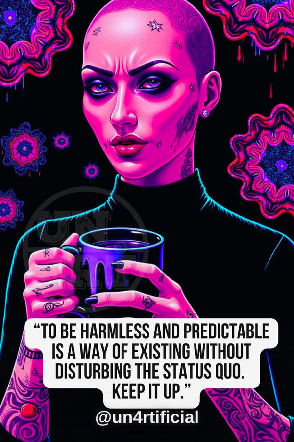 UN4RT bald woman with star face tattoos and heavy eye makeup in black turtleneck holding a dripping purple mug, vivid neon pink skin tone, black background with glowing pink and purple mandala and organic drip shapes, bold multi-line quote text in white rounded box at bottom, social media handle below, neon dark fantasy editorial portrait, vertical format.