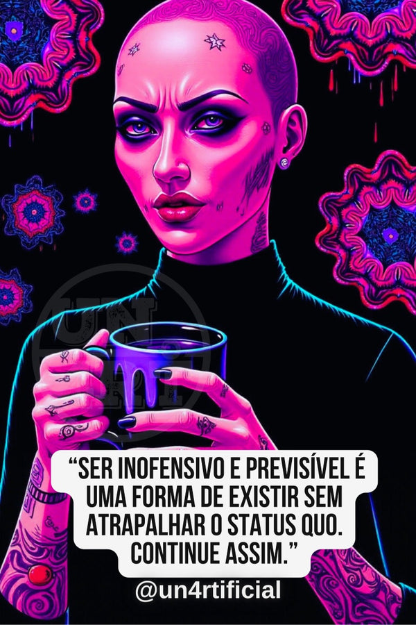 UN4RT bald woman with star face tattoos and heavy eye makeup in black turtleneck holding a dripping purple mug, vivid neon pink skin tone, black background with glowing pink and purple mandala and organic drip shapes, bold multi-line quote text in white rounded box at bottom, social media handle below, neon dark fantasy editorial portrait, vertical format.