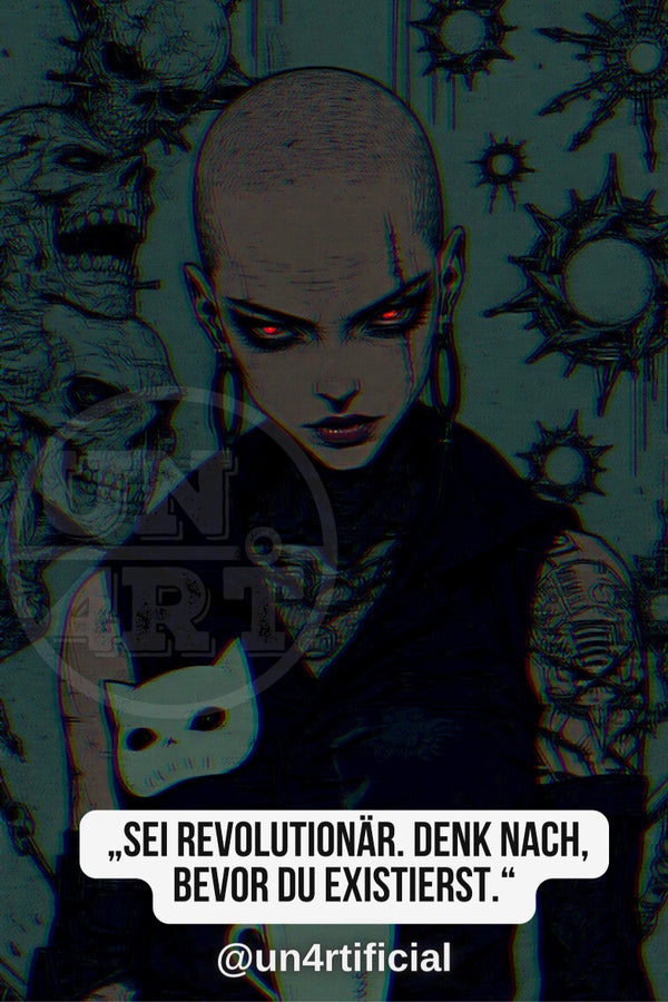 UN4RT illustrated bald young woman with glowing red eyes in black sleeveless top holding a small white cat figurine, dark teal background with metallic spike and skull motifs, UN4RT watermark logo visible, chromatic aberration effect, bold quote text in white rounded box at bottom, social media handle below, dark gothic editorial portrait, vertical format.