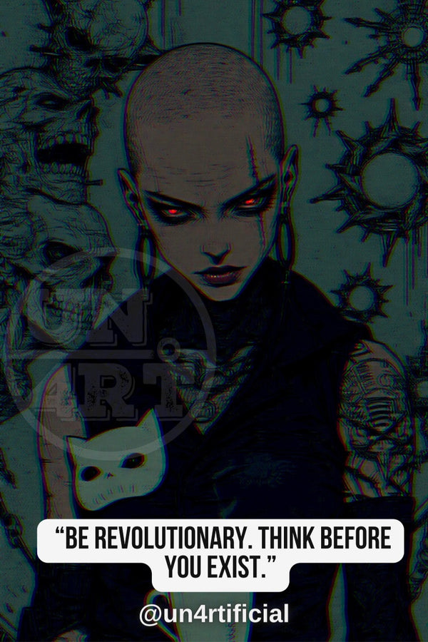 UN4RT illustrated bald young woman with glowing red eyes in black sleeveless top holding a small white cat figurine, dark teal background with metallic spike and skull motifs, UN4RT watermark logo visible, chromatic aberration effect, bold quote text in white rounded box at bottom, social media handle below, dark gothic editorial portrait, vertical format.