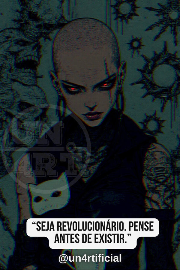 UN4RT illustrated bald young woman with glowing red eyes in black sleeveless top holding a small white cat figurine, dark teal background with metallic spike and skull motifs, UN4RT watermark logo visible, chromatic aberration effect, bold quote text in white rounded box at bottom, social media handle below, dark gothic editorial portrait, vertical format.