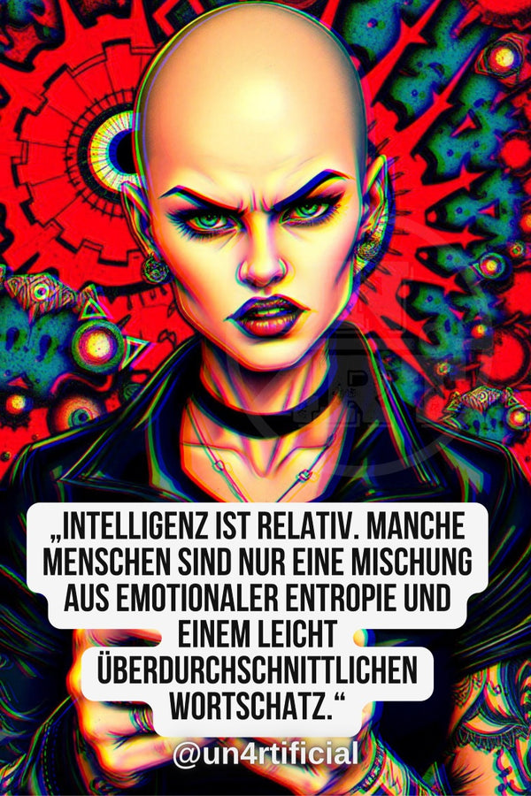 UN4RT illustrated bald woman with heavy dark makeup and green eyes leaning forward with intense aggressive expression, black leather jacket, vivid red psychedelic background with mandala and cosmic eye motifs, chromatic aberration effect, bold multi-line quote text in white rounded box at bottom, social media handle below, neon pop-art editorial portrait, vertical format.