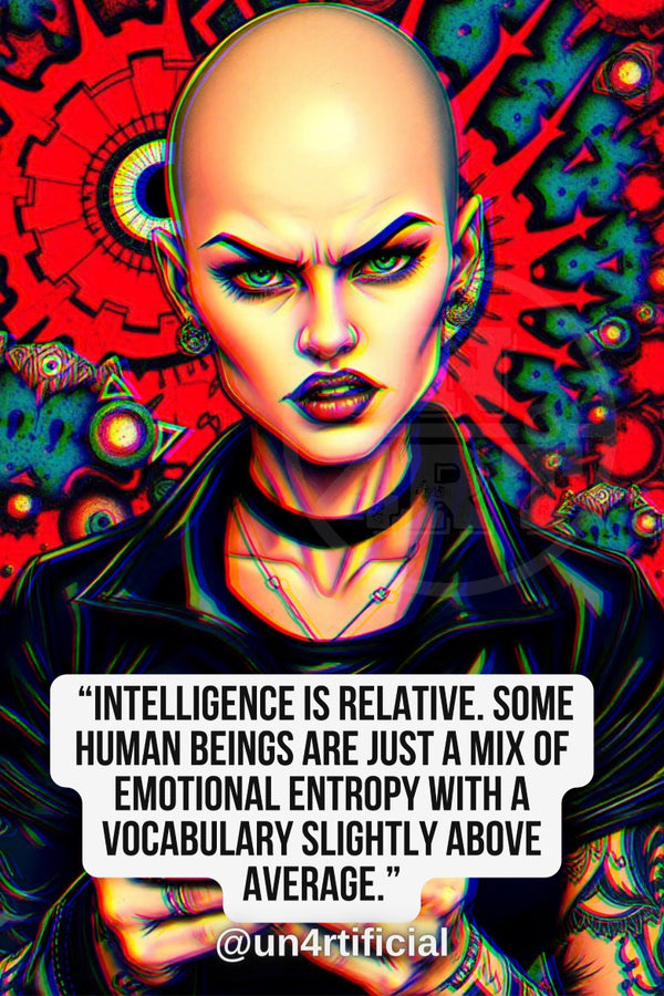 UN4RT illustrated bald woman with heavy dark makeup and green eyes leaning forward with intense aggressive expression, black leather jacket, vivid red psychedelic background with mandala and cosmic eye motifs, chromatic aberration effect, bold multi-line quote text in white rounded box at bottom, social media handle below, neon pop-art editorial portrait, vertical format.