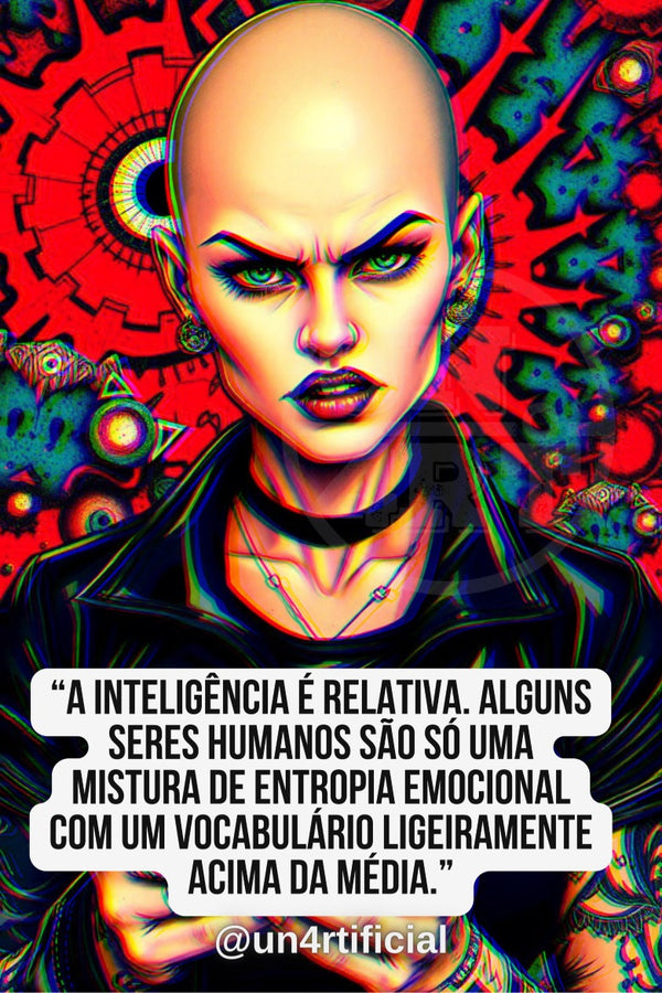 UN4RT illustrated bald woman with heavy dark makeup and green eyes leaning forward with intense aggressive expression, black leather jacket, vivid red psychedelic background with mandala and cosmic eye motifs, chromatic aberration effect, bold multi-line quote text in white rounded box at bottom, social media handle below, neon pop-art editorial portrait, vertical format.