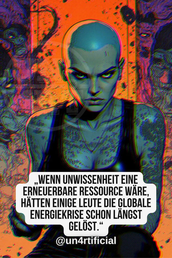 UN4RT illustrated bald tattooed woman in black tank top leaning forward with piercing downward gaze, teal-toned skin, vivid orange and purple background with distorted face and organic horror motifs, chromatic aberration effect, bold multi-line quote text in white rounded box at bottom, social media handle below, neon dark fantasy editorial portrait, vertical format.