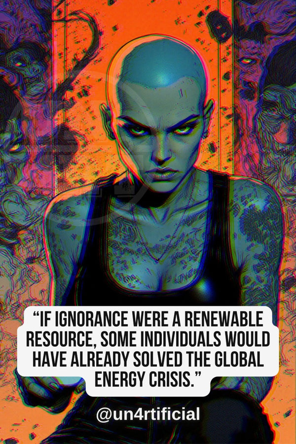 UN4RT illustrated bald tattooed woman in black tank top leaning forward with piercing downward gaze, teal-toned skin, vivid orange and purple background with distorted face and organic horror motifs, chromatic aberration effect, bold multi-line quote text in white rounded box at bottom, social media handle below, neon dark fantasy editorial portrait, vertical format.