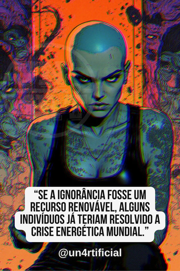 UN4RT illustrated bald tattooed woman in black tank top leaning forward with piercing downward gaze, teal-toned skin, vivid orange and purple background with distorted face and organic horror motifs, chromatic aberration effect, bold multi-line quote text in white rounded box at bottom, social media handle below, neon dark fantasy editorial portrait, vertical format.