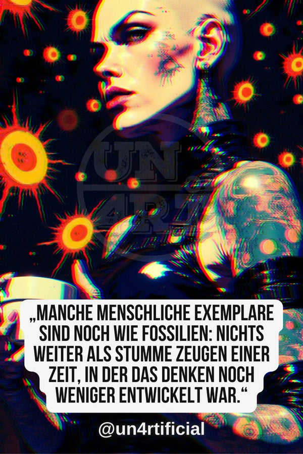 UN4RT pale bald woman with face tattoos and dark makeup in black outfit, turning profile to the right with introspective expression, dark background scattered with glowing orange-red starburst and virus-like orb motifs, UN4RT watermark logo visible, chromatic aberration effect, bold multi-line quote text in white rounded box at bottom, social media handle below, dark sci-fi editorial portrait, vertical format.