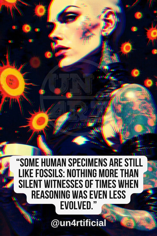 UN4RT pale bald woman with face tattoos and dark makeup in black outfit, turning profile to the right with introspective expression, dark background scattered with glowing orange-red starburst and virus-like orb motifs, UN4RT watermark logo visible, chromatic aberration effect, bold multi-line quote text in white rounded box at bottom, social media handle below, dark sci-fi editorial portrait, vertical format.