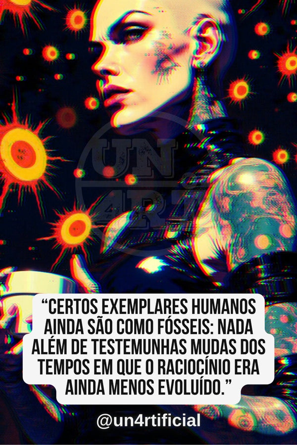 UN4RT pale bald woman with face tattoos and dark makeup in black outfit, turning profile to the right with introspective expression, dark background scattered with glowing orange-red starburst and virus-like orb motifs, UN4RT watermark logo visible, chromatic aberration effect, bold multi-line quote text in white rounded box at bottom, social media handle below, dark sci-fi editorial portrait, vertical format.