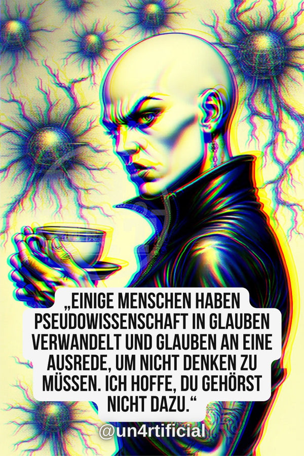UN4RT pale androgynous bald figure in black high-collar jacket holding a porcelain teacup, cold sideways glare toward viewer, pale yellow background with multiple dark eye-sphere organisms connected by glowing vein-like threads, chromatic aberration effect, bold multi-line quote text in white rounded box at bottom, social media handle below, surreal dark fantasy editorial portrait, vertical format.