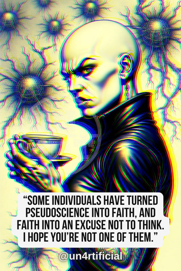 UN4RT pale androgynous bald figure in black high-collar jacket holding a porcelain teacup, cold sideways glare toward viewer, pale yellow background with multiple dark eye-sphere organisms connected by glowing vein-like threads, chromatic aberration effect, bold multi-line quote text in white rounded box at bottom, social media handle below, surreal dark fantasy editorial portrait, vertical format.