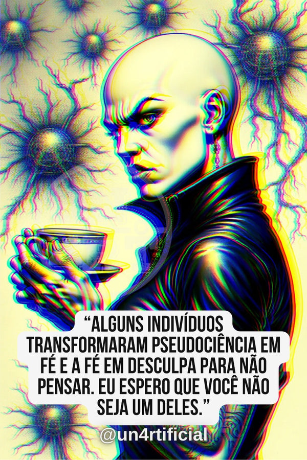 UN4RT pale androgynous bald figure in black high-collar jacket holding a porcelain teacup, cold sideways glare toward viewer, pale yellow background with multiple dark eye-sphere organisms connected by glowing vein-like threads, chromatic aberration effect, bold multi-line quote text in white rounded box at bottom, social media handle below, surreal dark fantasy editorial portrait, vertical format.