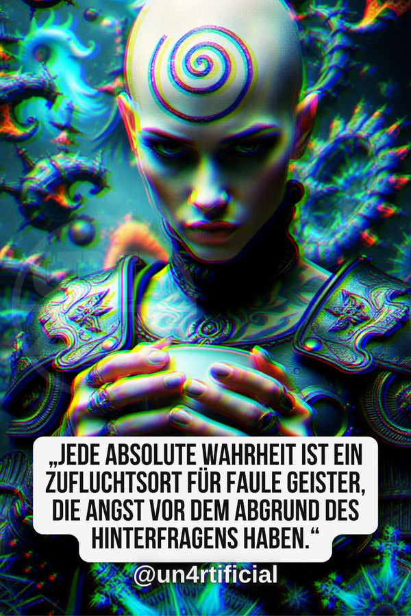 UN4RT pale bald woman with large glowing spiral tattoo on forehead, ornate metallic armour-like garment, cradling a glowing orb close to chest with downward contemplative gaze, vivid teal and blue surreal background with fractal organic shapes, chromatic aberration effect, bold multi-line quote text in white rounded box at bottom, social media handle below, dark sci-fi editorial portrait, vertical format.