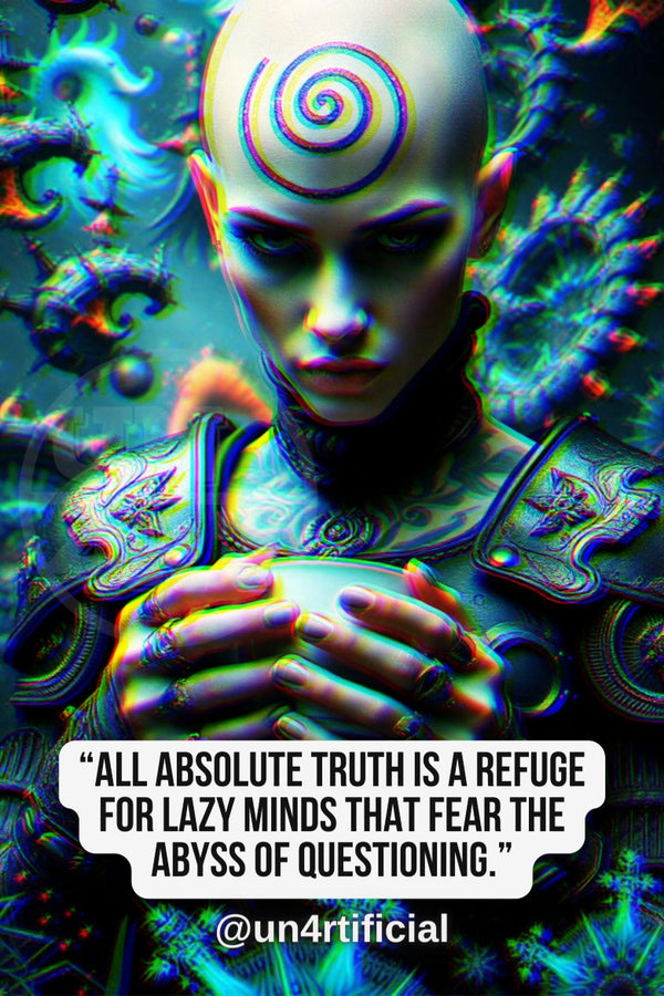 UN4RT pale bald woman with large glowing spiral tattoo on forehead, ornate metallic armour-like garment, cradling a glowing orb close to chest with downward contemplative gaze, vivid teal and blue surreal background with fractal organic shapes, chromatic aberration effect, bold multi-line quote text in white rounded box at bottom, social media handle below, dark sci-fi editorial portrait, vertical format.