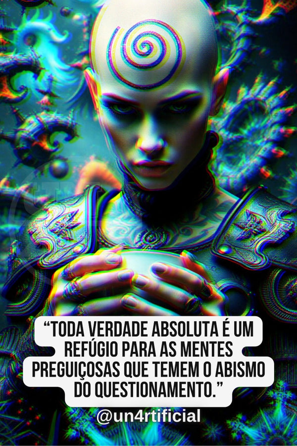 UN4RT pale bald woman with large glowing spiral tattoo on forehead, ornate metallic armour-like garment, cradling a glowing orb close to chest with downward contemplative gaze, vivid teal and blue surreal background with fractal organic shapes, chromatic aberration effect, bold multi-line quote text in white rounded box at bottom, social media handle below, dark sci-fi editorial portrait, vertical format.