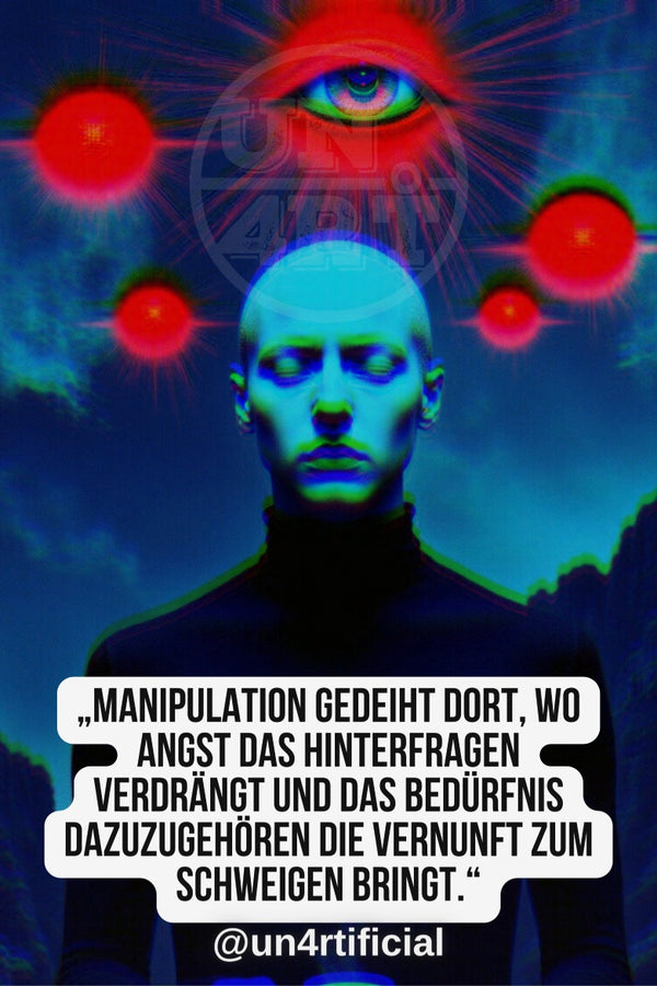 UN4RT bald androgynous figure in black turtleneck with teal-blue skin tone, cold forward gaze, large glowing all-seeing eye above head emitting radiant beams, multiple red glowing orbs floating in dark blue stormy background, UN4RT watermark logo visible, chromatic aberration effect, bold multi-line quote text in white rounded box at bottom, social media handle below, dark surreal editorial portrait, vertical format.