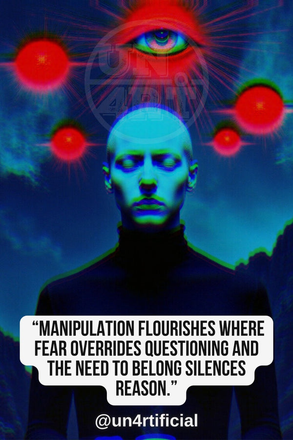 UN4RT bald androgynous figure in black turtleneck with teal-blue skin tone, cold forward gaze, large glowing all-seeing eye above head emitting radiant beams, multiple red glowing orbs floating in dark blue stormy background, UN4RT watermark logo visible, chromatic aberration effect, bold multi-line quote text in white rounded box at bottom, social media handle below, dark surreal editorial portrait, vertical format.