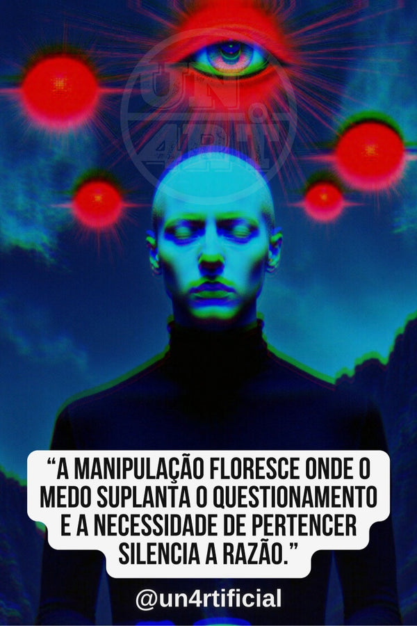 UN4RT bald androgynous figure in black turtleneck with teal-blue skin tone, cold forward gaze, large glowing all-seeing eye above head emitting radiant beams, multiple red glowing orbs floating in dark blue stormy background, UN4RT watermark logo visible, chromatic aberration effect, bold multi-line quote text in white rounded box at bottom, social media handle below, dark surreal editorial portrait, vertical format.