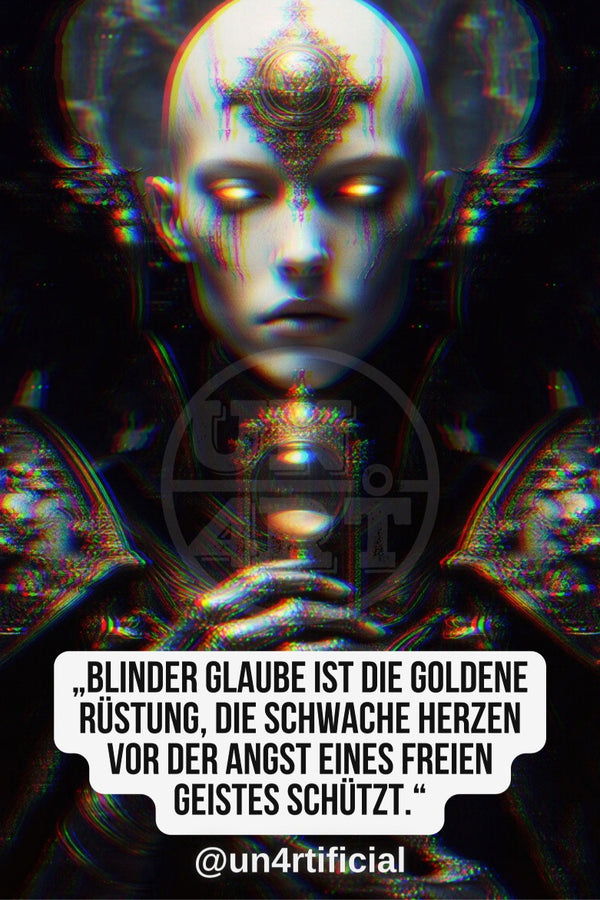 UN4RT pale androgynous figure with elaborate golden ornamental crown fused to forehead, glowing white eyes, silver metallic skin texture, hands clasped holding an ornate glowing chalice at chest, symmetrical dark architectural background with mirrored wing-like shapes, UN4RT watermark logo visible, chromatic aberration effect, bold multi-line quote text in white rounded box at bottom, social media handle below, dark gothic surreal editorial portrait, vertical format.