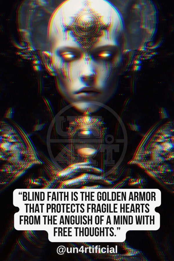 UN4RT pale androgynous figure with elaborate golden ornamental crown fused to forehead, glowing white eyes, silver metallic skin texture, hands clasped holding an ornate glowing chalice at chest, symmetrical dark architectural background with mirrored wing-like shapes, UN4RT watermark logo visible, chromatic aberration effect, bold multi-line quote text in white rounded box at bottom, social media handle below, dark gothic surreal editorial portrait, vertical format.