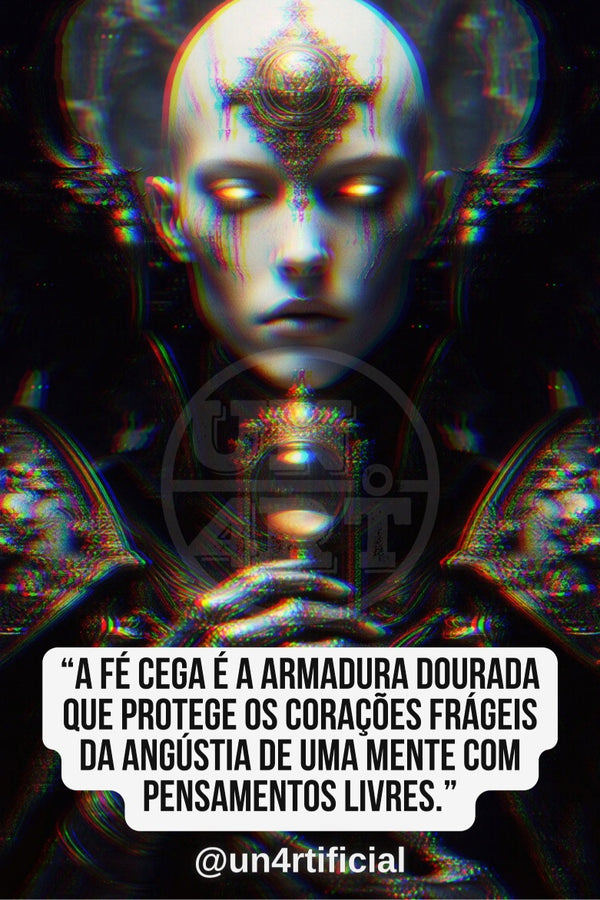 UN4RT pale androgynous figure with elaborate golden ornamental crown fused to forehead, glowing white eyes, silver metallic skin texture, hands clasped holding an ornate glowing chalice at chest, symmetrical dark architectural background with mirrored wing-like shapes, UN4RT watermark logo visible, chromatic aberration effect, bold multi-line quote text in white rounded box at bottom, social media handle below, dark gothic surreal editorial portrait, vertical format.