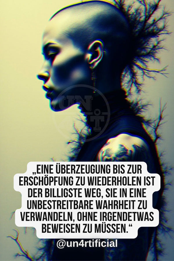UN4RT dark-skinned bald woman in side profile facing left, eyes closed in quiet contemplation, bare tattooed shoulder visible, bare branching tree growing from the back of her head merging with her silhouette, muted yellow-grey background, UN4RT watermark logo visible, chromatic aberration effect, bold multi-line quote text in white rounded box at bottom, social media handle below, dark surreal editorial portrait, vertical format.