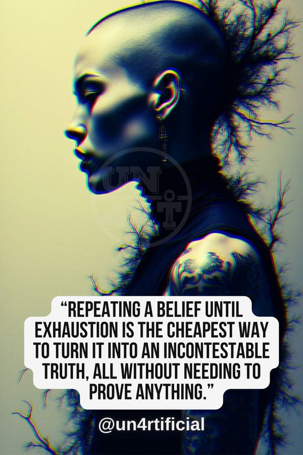 UN4RT dark-skinned bald woman in side profile facing left, eyes closed in quiet contemplation, bare tattooed shoulder visible, bare branching tree growing from the back of her head merging with her silhouette, muted yellow-grey background, UN4RT watermark logo visible, chromatic aberration effect, bold multi-line quote text in white rounded box at bottom, social media handle below, dark surreal editorial portrait, vertical format.