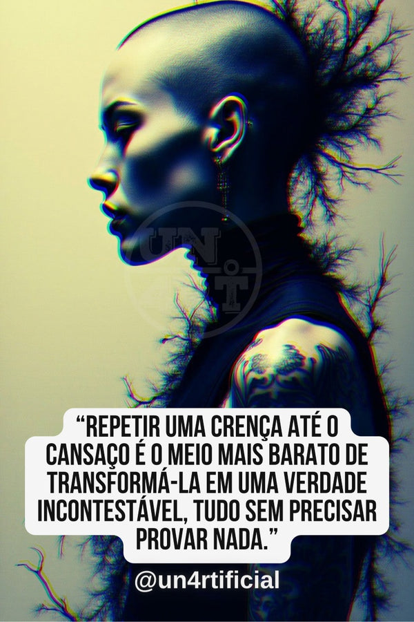 UN4RT dark-skinned bald woman in side profile facing left, eyes closed in quiet contemplation, bare tattooed shoulder visible, bare branching tree growing from the back of her head merging with her silhouette, muted yellow-grey background, UN4RT watermark logo visible, chromatic aberration effect, bold multi-line quote text in white rounded box at bottom, social media handle below, dark surreal editorial portrait, vertical format.