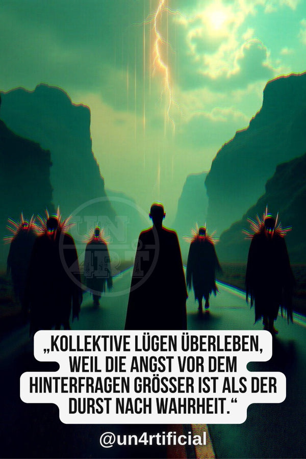 UN4RT five dark-robed figures seen from behind walking toward a narrow canyon pass, central figure taller and cloaked, flanking figures wearing spiked headdresses, dramatic teal-green stormy sky with lightning bolt descending between cliffs, UN4RT watermark logo visible, chromatic aberration effect, bold multi-line quote text in white rounded box at bottom, social media handle below, dark cinematic fantasy scene, vertical format.