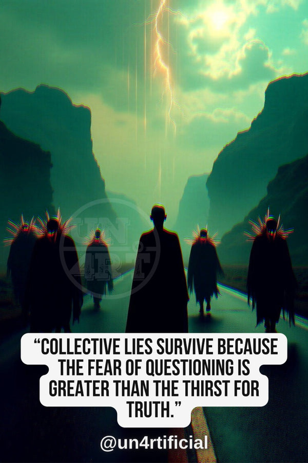 UN4RT five dark-robed figures seen from behind walking toward a narrow canyon pass, central figure taller and cloaked, flanking figures wearing spiked headdresses, dramatic teal-green stormy sky with lightning bolt descending between cliffs, UN4RT watermark logo visible, chromatic aberration effect, bold multi-line quote text in white rounded box at bottom, social media handle below, dark cinematic fantasy scene, vertical format.
