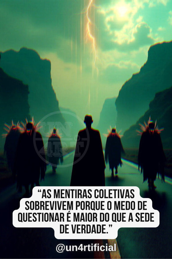 UN4RT five dark-robed figures seen from behind walking toward a narrow canyon pass, central figure taller and cloaked, flanking figures wearing spiked headdresses, dramatic teal-green stormy sky with lightning bolt descending between cliffs, UN4RT watermark logo visible, chromatic aberration effect, bold multi-line quote text in white rounded box at bottom, social media handle below, dark cinematic fantasy scene, vertical format.