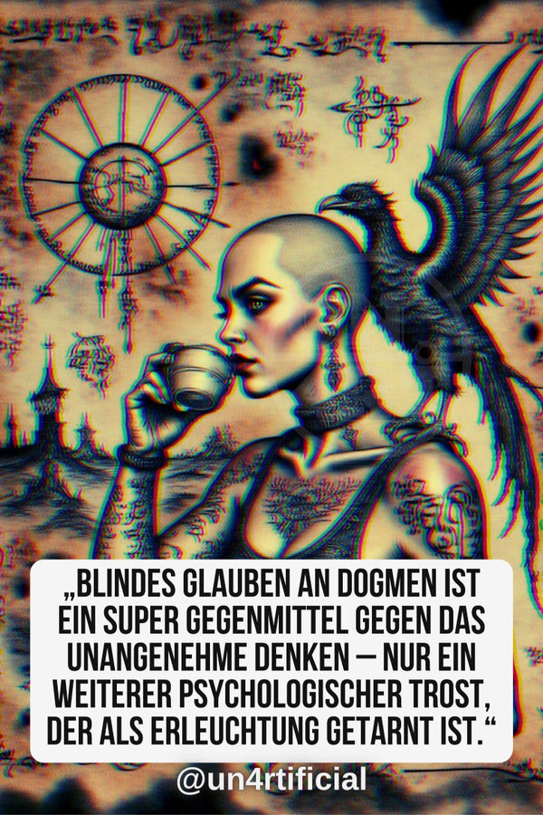 UN4RT bald tattooed woman in profile drinking from a small metal cup, large dark raven with spread wings perched on her shoulder, aged parchment-style background covered in esoteric symbols, circular sun wheel and architectural silhouettes, chromatic aberration effect, bold multi-line quote text in white rounded box at bottom, social media handle below, dark occult editorial portrait, vertical format.