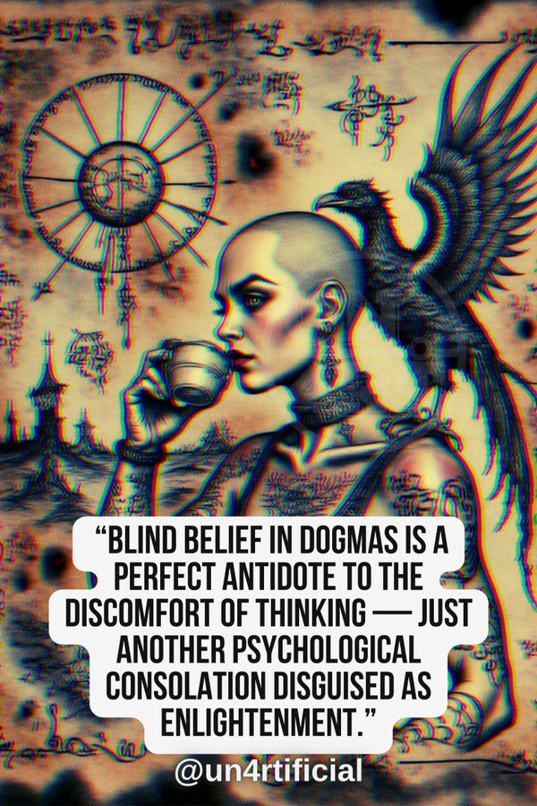 UN4RT bald tattooed woman in profile drinking from a small metal cup, large dark raven with spread wings perched on her shoulder, aged parchment-style background covered in esoteric symbols, circular sun wheel and architectural silhouettes, chromatic aberration effect, bold multi-line quote text in white rounded box at bottom, social media handle below, dark occult editorial portrait, vertical format.