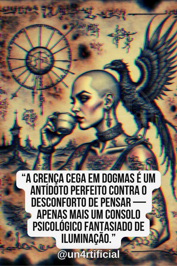 UN4RT bald tattooed woman in profile drinking from a small metal cup, large dark raven with spread wings perched on her shoulder, aged parchment-style background covered in esoteric symbols, circular sun wheel and architectural silhouettes, chromatic aberration effect, bold multi-line quote text in white rounded box at bottom, social media handle below, dark occult editorial portrait, vertical format.