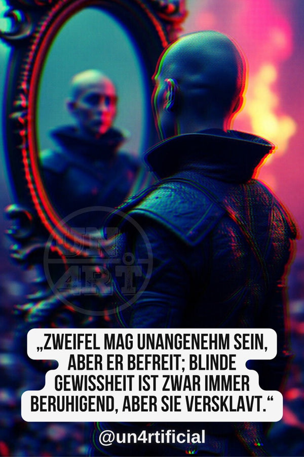 UN4RT bald figure in dark ornate armour seen from behind, facing an elaborate oval baroque mirror reflecting their own face with expression of quiet intensity, vivid neon pink and orange smoke rising in the background, UN4RT watermark logo visible, chromatic aberration effect, bold multi-line quote text in white rounded box at bottom, social media handle below, dark fantasy editorial portrait, vertical format.