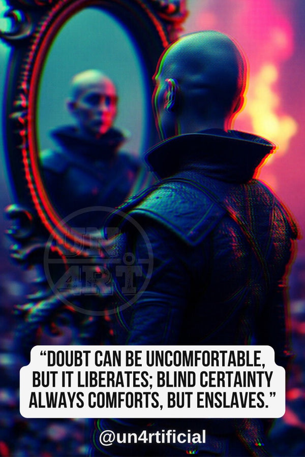 UN4RT bald figure in dark ornate armour seen from behind, facing an elaborate oval baroque mirror reflecting their own face with expression of quiet intensity, vivid neon pink and orange smoke rising in the background, UN4RT watermark logo visible, chromatic aberration effect, bold multi-line quote text in white rounded box at bottom, social media handle below, dark fantasy editorial portrait, vertical format.