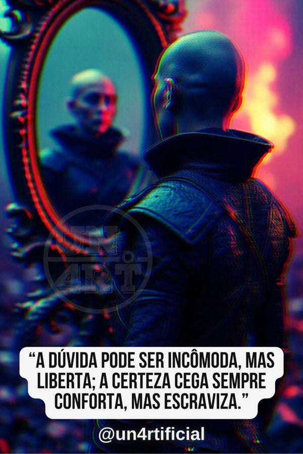 UN4RT bald figure in dark ornate armour seen from behind, facing an elaborate oval baroque mirror reflecting their own face with expression of quiet intensity, vivid neon pink and orange smoke rising in the background, UN4RT watermark logo visible, chromatic aberration effect, bold multi-line quote text in white rounded box at bottom, social media handle below, dark fantasy editorial portrait, vertical format.