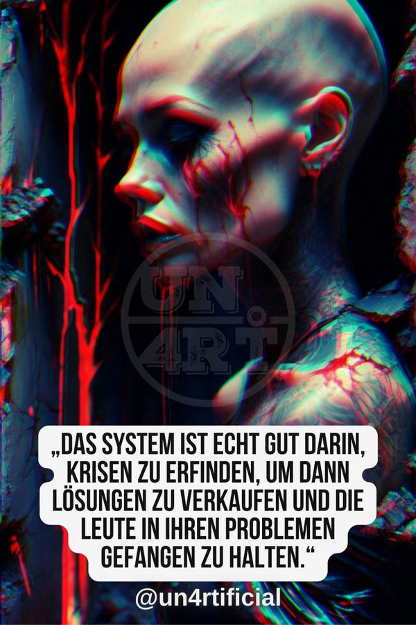 UN4RT pale bald figure in side profile facing left with eyes closed and head bowed, cracked skin texture with dark red vein-like streaks running across face and neck, dark forest background with dripping red organic shapes, UN4RT watermark logo visible, chromatic aberration effect, bold multi-line quote text in white rounded box at bottom, social media handle below, dark horror editorial portrait, vertical format.