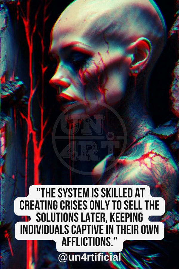 UN4RT pale bald figure in side profile facing left with eyes closed and head bowed, cracked skin texture with dark red vein-like streaks running across face and neck, dark forest background with dripping red organic shapes, UN4RT watermark logo visible, chromatic aberration effect, bold multi-line quote text in white rounded box at bottom, social media handle below, dark horror editorial portrait, vertical format.