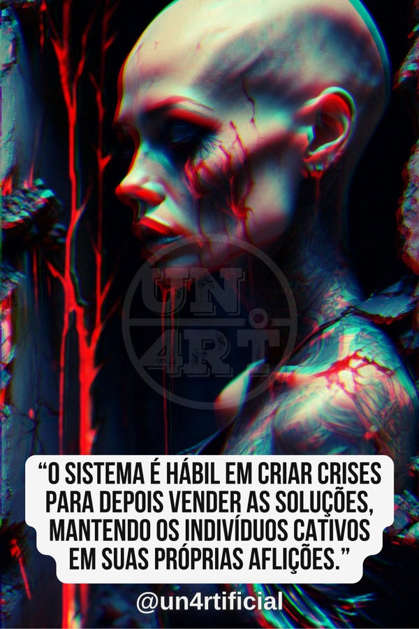 UN4RT pale bald figure in side profile facing left with eyes closed and head bowed, cracked skin texture with dark red vein-like streaks running across face and neck, dark forest background with dripping red organic shapes, UN4RT watermark logo visible, chromatic aberration effect, bold multi-line quote text in white rounded box at bottom, social media handle below, dark horror editorial portrait, vertical format.