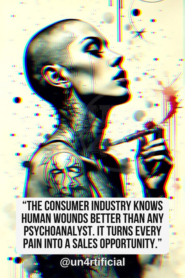 UN4RT tattooed bald woman in profile facing right, eyes closed with lips slightly parted, holding a thin object to her chin in contemplative pose, black and white pencil sketch style on off-white background, scattered chromatic glitch dots and starburst motifs throughout, bold multi-line quote text in white rounded box at bottom, social media handle below, dark editorial illustration, vertical format.