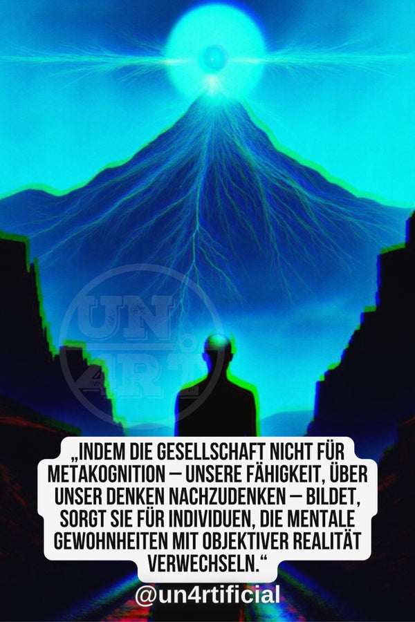 UN4RT dark silhouette of a lone figure standing at the end of a long corridor facing a towering glowing mountain peak, blinding white orb of light radiating from summit with teal electric lightning streaks descending the slopes, deep blue atmospheric glow surrounding the scene, UN4RT watermark logo visible, bold multi-line quote text in white rounded box at bottom, social media handle below, dark cinematic fantasy landscape, vertical format.