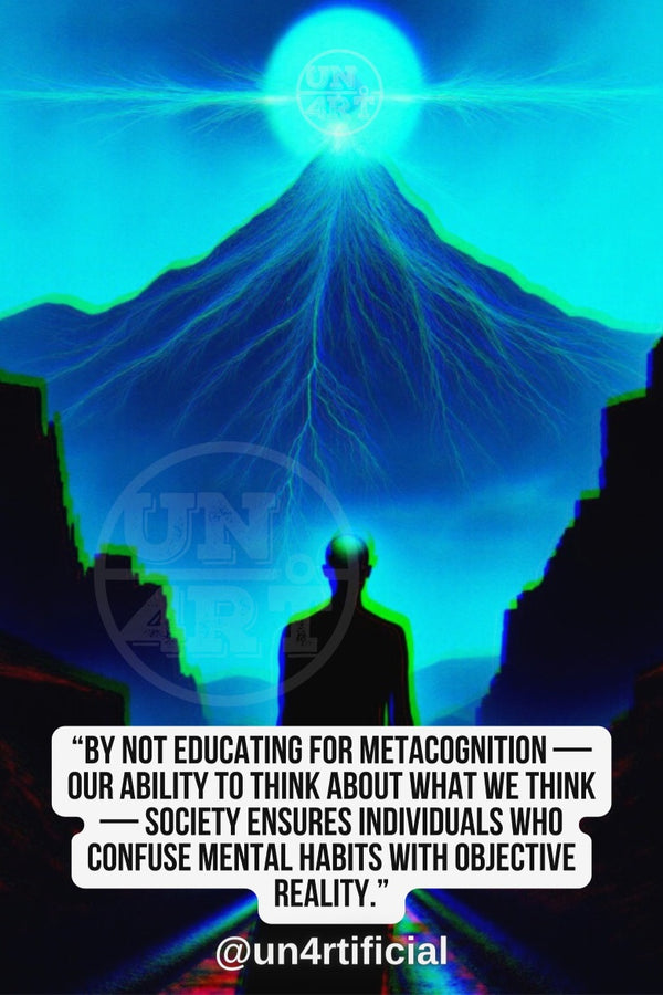 UN4RT dark silhouette of a lone figure standing at the end of a long corridor facing a towering glowing mountain peak, blinding white orb of light radiating from summit with teal electric lightning streaks descending the slopes, deep blue atmospheric glow surrounding the scene, UN4RT watermark logo visible, bold multi-line quote text in white rounded box at bottom, social media handle below, dark cinematic fantasy landscape, vertical format.