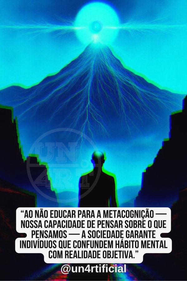 UN4RT dark silhouette of a lone figure standing at the end of a long corridor facing a towering glowing mountain peak, blinding white orb of light radiating from summit with teal electric lightning streaks descending the slopes, deep blue atmospheric glow surrounding the scene, UN4RT watermark logo visible, bold multi-line quote text in white rounded box at bottom, social media handle below, dark cinematic fantasy landscape, vertical format.
