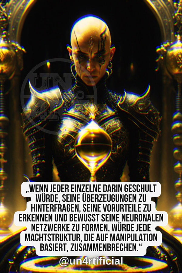 UN4RT bald androgynous figure in elaborate black and gold ornate armour standing in a temple-like golden archway, dark face tattoos and intense forward gaze, holding a glowing gold hourglass-shaped orb at chest height, flanked by golden pillar sculptures, UN4RT watermark logo visible, chromatic aberration effect, bold multi-line quote text in white rounded box at bottom, social media handle below, dark fantasy editorial portrait, vertical format.
